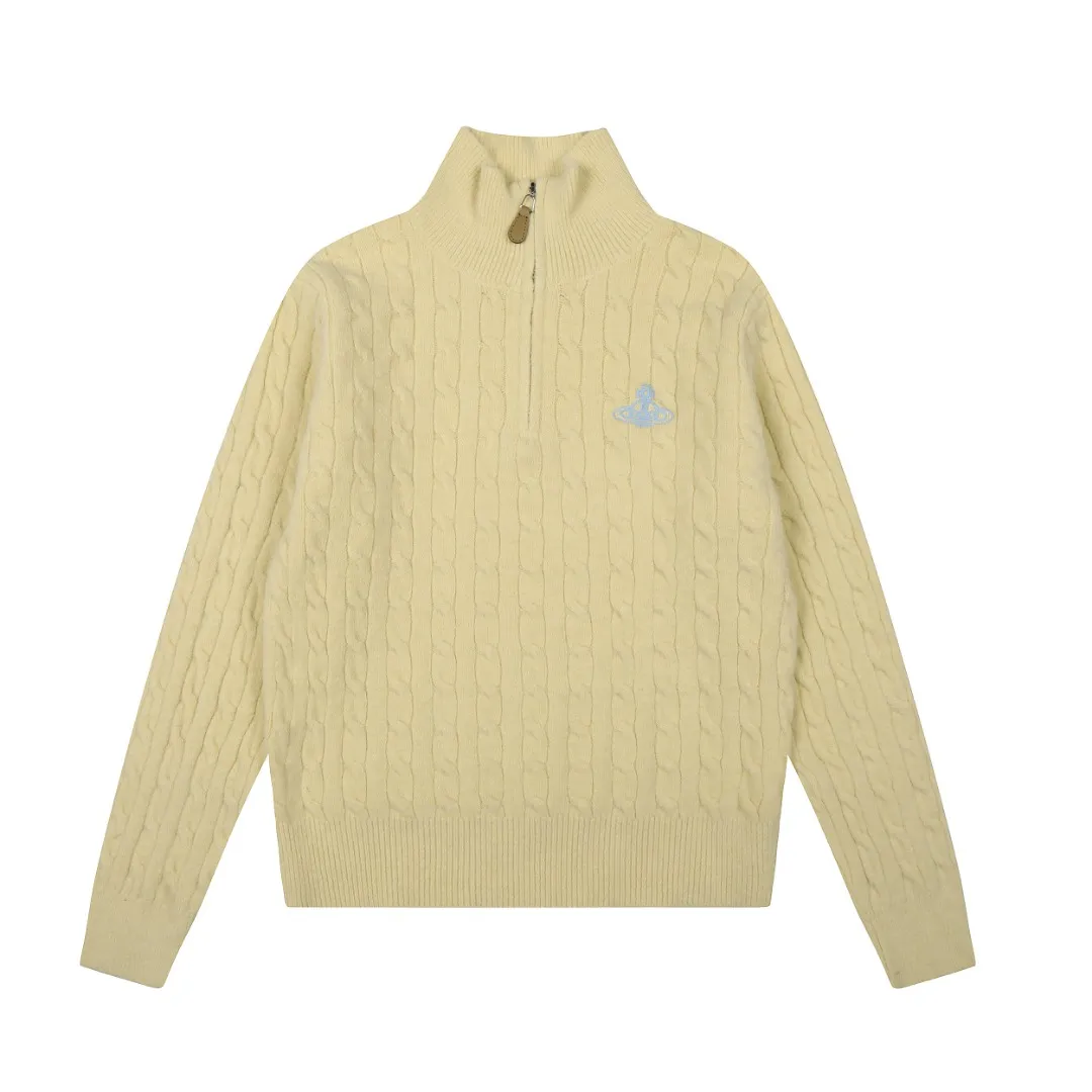 vivienne west wood 25 early autumn new style Queen Mother West classic embroidered Saturn jacquard half-zip stand collar twist wool sweater long-sleeved sweater. The fabric is soft and elastic, versatile and slimming. Style number: V415 Wholesale price: Size: S M Color: off-white, lemon yellow, light gray, dark gray